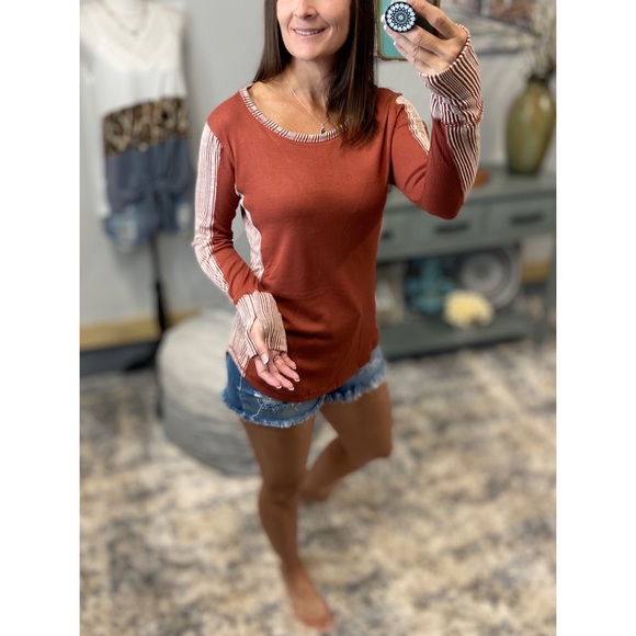❤️‍🔥Thumbhole Ribbed Contrast Soft Long Sleeve Top Rust 3621 - Picture 7 of 9